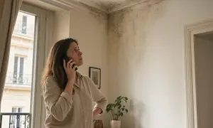 Femme inquiète au téléphone, constatant des moisissures au plafond. Elle espère une obligation de relogement par la mairie.