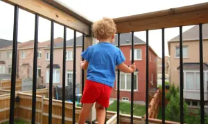 Kleines Kind auf einem sicheren Balkon, das neugierig die Nachbarschaft erkundet.