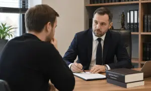 Prawnik omawia z klientem, co grozi za mobbing w pracy. Na biurku Kodeks Pracy.