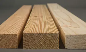 Tres tablones de diferentes tipos de madera de pino, mostrando sus vetas y nudos característicos.