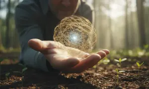 Dłoń trzymająca świetlistą kulę, symbolizującą sprawczość i potencjał rozwoju, otoczona młodymi pędami w lesie.