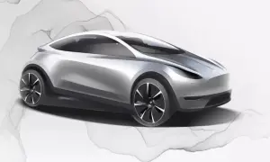 Srebrny szkic Tesli Model 2, futurystyczny samochód elektryczny z aerodynamiczną sylwetką i stylowymi felgami.