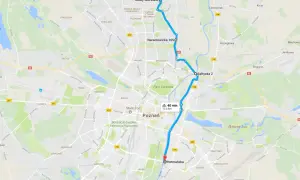 Trasa rowerowa przez Poznań, od Stawów Moraskich do Hetmańskiej, z zaznaczoną wartostradą.