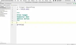 Un éditeur de code montre un script Python avec des commentaires. La ligne 1 contient un commentaire sur la conversion d'entiers. Les lignes 5 à 7 affichent un long commentaire sur plusieurs lignes.