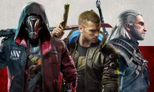 Trzech bohaterów z najlepszych polskich gier: V z Cyberpunk 2077, Geralt z Wiedźmina i postać z nieznanej gry.