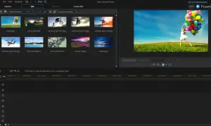 Interfejs programu PowerDirector z widokiem biblioteki multimediów i podglądem wideo. Użytkownik przygotowuje projekt, wybierając klipy.