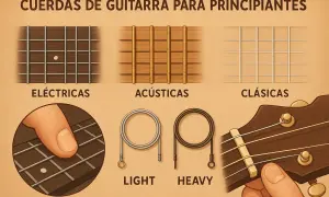 Ilustración muestra las cuerdas de guitarra eléctrica, acústica y clásica. También se ven cuerdas "light" y "heavy".