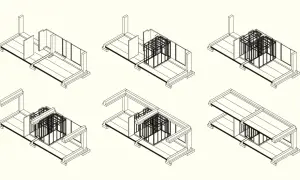 Diagrama de montaje de cabinas de baño prefabricadas, mostrando la estructura y la adición de módulos.