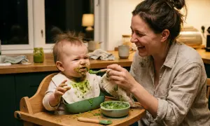 En glad mamma matar en grönfläckig broccoli bebis som ser lite skeptisk ut.