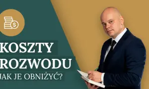 Mężczyzna w garniturze analizuje koszty rozwodu. Ikona stosu monet symbolizuje finanse.