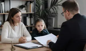 Matka z córką przy biurku z prawnikiem omawiają dokumenty. Prawnik trzyma papier, który może dotyczyć zaprzeczenia ojcostwa.