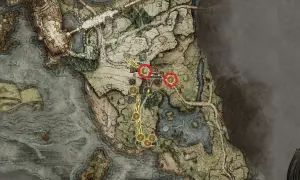 Detailreiche Elden Ring Karte mit markierten Orten, die auf eine Reise durch das Zwischenland hindeuten.