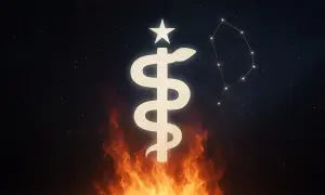 Symbol węża oplatający laskę, zwieńczony gwiazdą, unosi się nad płomieniami. Na nocnym niebie widać konstelację, sugerującą 13 znak zodiaku.