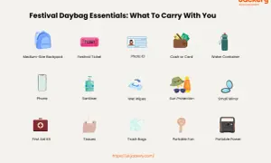 Festival packing list: backpack, ticket, ID, cash, water, phone, sanitizer, wipes, sun protection, mirror, first aid, tissues, trash bags, fan, and portable power.