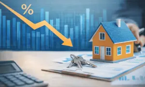 Modello di casa, chiavi e calcolatrice su grafici in calo. Un futuro incerto per i mutui verdi.