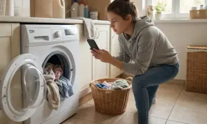 Młoda kobieta sprawdza w telefonie, czy trzeba prać nowe ubrania, obok otwartej pralki i kosza z praniem.