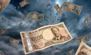 Deszcz banknotów, waluta Japonii, jeny spadają z nieba na tle burzowych chmur.