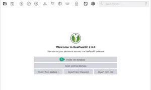 Ekran powitalny KeePassXC 2.6.0. Możesz stworzyć nową bazę danych, otworzyć istniejącą lub zaimportować dane. To niebezpiecznik do przechowywania haseł.