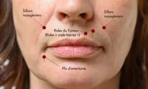 Gros plan sur le visage d'une femme, montrant les sillons nasogéniens, les rides du fumeur autour des lèvres et les plis d'amertume.