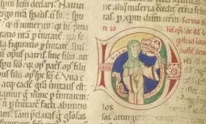 Ilustracja z miniatury w średniowieczu: postać w niebieskim okręgu, otoczona literami, na tle tekstu.