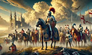 Riddare i rustning, ledda av en figur som påminner om kung Artur, rider mot ett storslaget slott under en dramatisk himmel.