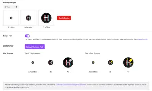 Twitch-Badges in verschiedenen Größen, mit Flair-Optionen für Abonnenten. "Sub" als Jugendsprache-Begriff für Abonnent.