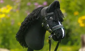 Czarny koń na kiju z czarną grzywą i ozdobnym ogłowiem dla hobby horse.