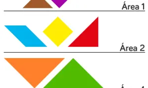 Figuras tangram de colores: marrón, morado, azul, amarillo, rojo, naranja y verde, divididas en tres áreas.