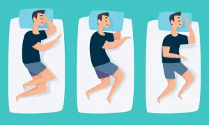 Three men sleep in different positions. The middle and right positions may help with acid reflux.