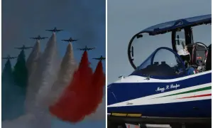 Le Frecce Tricolori volano sopra Ancona, lasciando scie colorate che ricordano il tricolore italiano.
