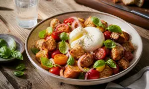 Ein köstliches Brotsalat Rezept mit Burrata, Tomaten und Basilikum auf rustikalem Holztisch.