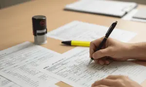 Dłoń pisze na dokumencie, obok pieczątka i żółty marker. To może być wypełnianie pełnomocnictwa ogólnego.