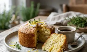 Un gâteau à la ricotta sicilien, saupoudré de sucre glace et décoré de zestes de citron et de thym, est servi avec une petite tasse de café.