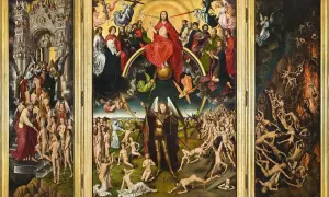Tryptyk ukazujący Sąd Ostateczny. Symbolizm w malarstwie przykłady: niebo, ziemia i piekło, z Chrystusem w centrum, aniołami, ludźmi i demonami.