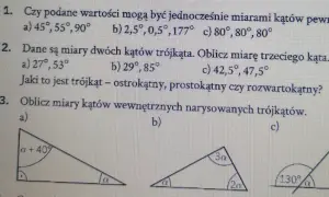 Trzy rysunki trójkątów z zaznaczonymi kątami i ich miarami.