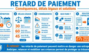 Infographie sur le retard de paiement : définition, délais légaux, conséquences, actions et solution d'affacturage. La date d'échéance est cruciale.