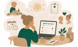 En person sitter vid en dator som visar "ADHD test barn". Tankebubblor visar ett barn som leker, en kalender, oro, en checklista och en mamma med sitt barn.