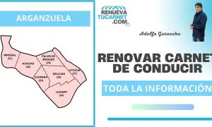 Mapa de Arganzuela con barrios y texto sobre renovar carnet de conducir. Información útil para trámites.