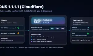 Schéma du déploiement du DNS 1.1.1.1 de Cloudflare, montrant les clients, les transports chiffrés (DoH, DoT, ODOH) et le point admin.