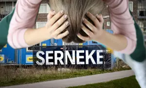 Person med händerna i håret framför en blå byggbarack med texten SERNEKE. En symbol för Serneke konkurs.