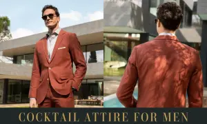 Mann in einem rostbraunen Anzug, perfekt für den **dresscode cocktail**. Stilvoll und modern, mit Sonnenbrille.