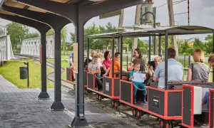 Rodzinny przejazd kolejką wąskotorową to świetne zwierzyniec atrakcje dla dzieci. Uśmiechnięte twarze i radosne okrzyki świadczą o udanej zabawie.