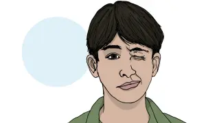 Teckning av en ung vuxen med en grimaserande mun och ett blinkande öga, kanske ett tecken på tics eller stress.