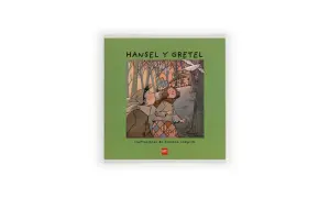Hansel y Gretel, dos niños perdidos en el bosque, miran con asombro una casa de dulces y un pájaro blanco.