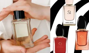 Dłonie trzymają flakonik perfum Giorgio Armani Si 100ml. Obok trzy inne flakony tej samej marki w różnych kolorach.