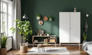 Ett mysigt vardagsrum med gröna väggar, en vit garderob och en trähylla med böcker och växter. En stor grön växt i en flätad korg. Kanske en inspiration för ett diy vas-projekt?
