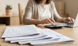 Kobieta liczy na kalkulatorze i pisze na laptopie, analizując dokumenty. Zastanawia się, ile zarabia pomoc nauczyciela w przedszkolu na rękę.