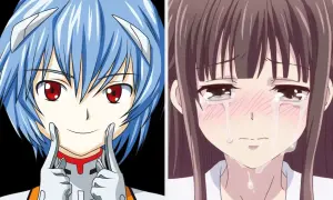 Dwie postacie z anime: jedna z niebieskimi włosami i czerwonymi oczami, druga płacząca. Jakim typem dere jesteś?
