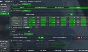 AMD Ryzen Master: try Precision Boost Overdrive for enhanced performance. Widok ustawień rdzeni procesora, napięcia i pamięci.