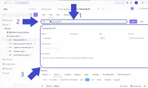 Interface de gestion des **endpoints API** : configuration d'une requête GET pour trouver un animal par son ID.